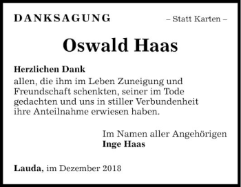 Traueranzeige von Oswald Haas von Fränkische Nachrichten