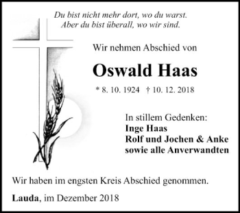 Traueranzeige von Oswald Haas von Fränkische Nachrichten