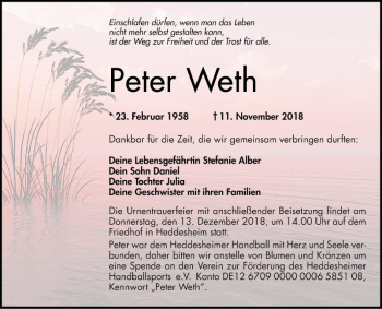 Traueranzeige von Peter Weth von Mannheimer Morgen