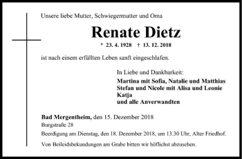 Traueranzeige von Renate Dietz von Fränkische Nachrichten