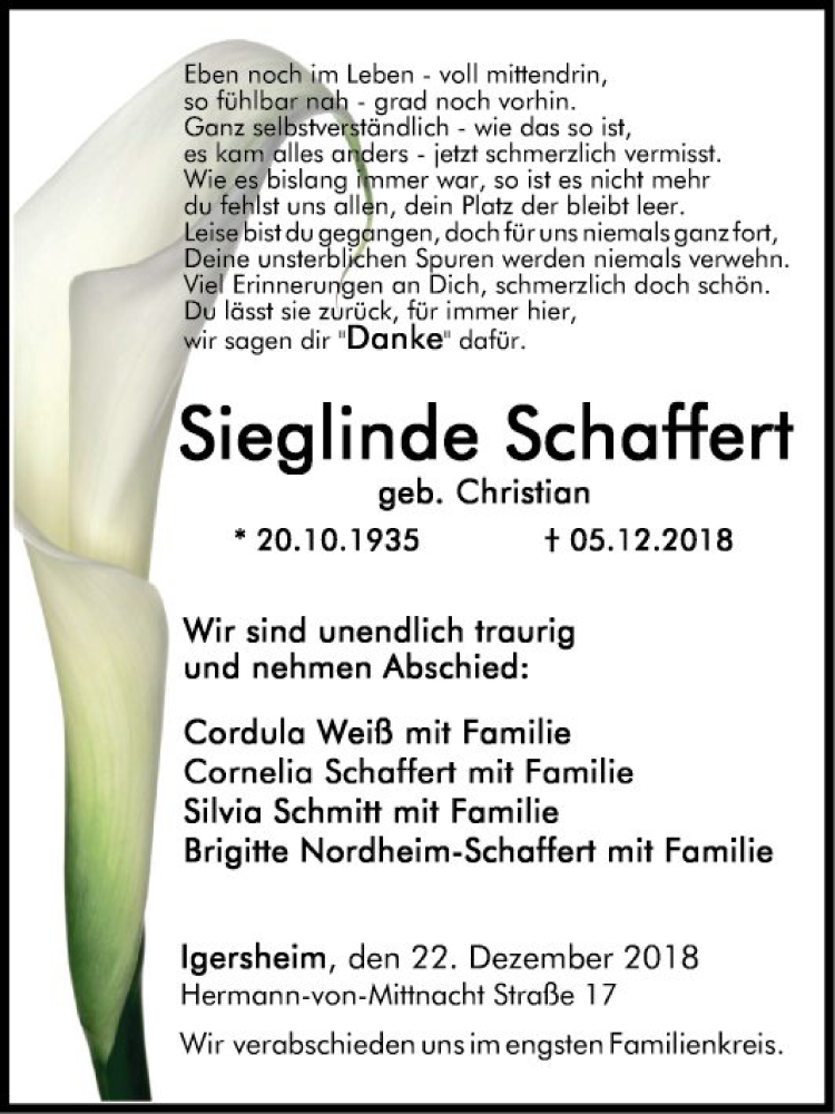  Traueranzeige für Sieglinde Schaffert vom 22.12.2018 aus Fränkische Nachrichten