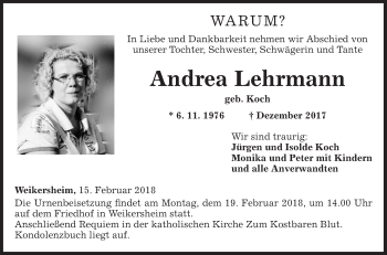 Traueranzeige von Andrea Lehrmann von Fränkische Nachrichten