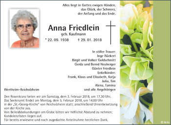 Traueranzeige von Anna Friedlein von Fränkische Nachrichten