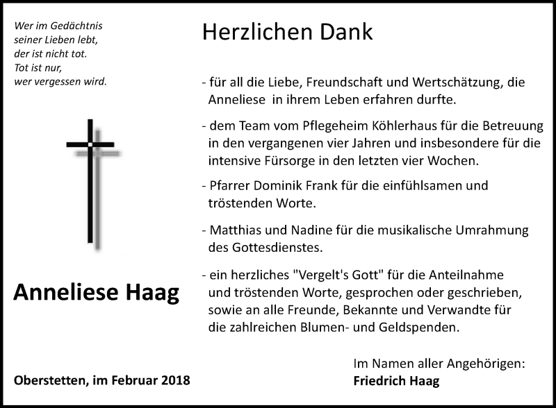  Traueranzeige für Anneliese Haag vom 21.02.2018 aus Fränkische Nachrichten