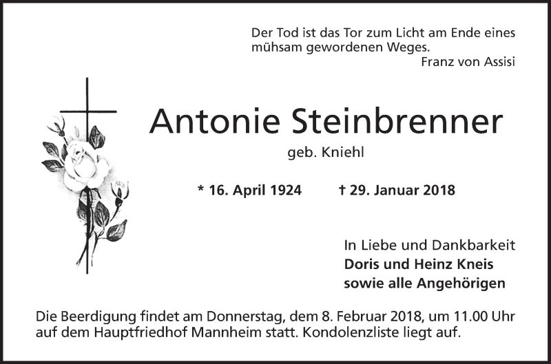  Traueranzeige für Antonie Steinbrenner vom 03.02.2018 aus Mannheimer Morgen / Schwetzinger Zeitung