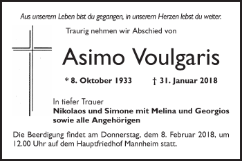 Traueranzeige von Asimo Voulgaris von Mannheimer Morgen / Schwetzinger Zeitung