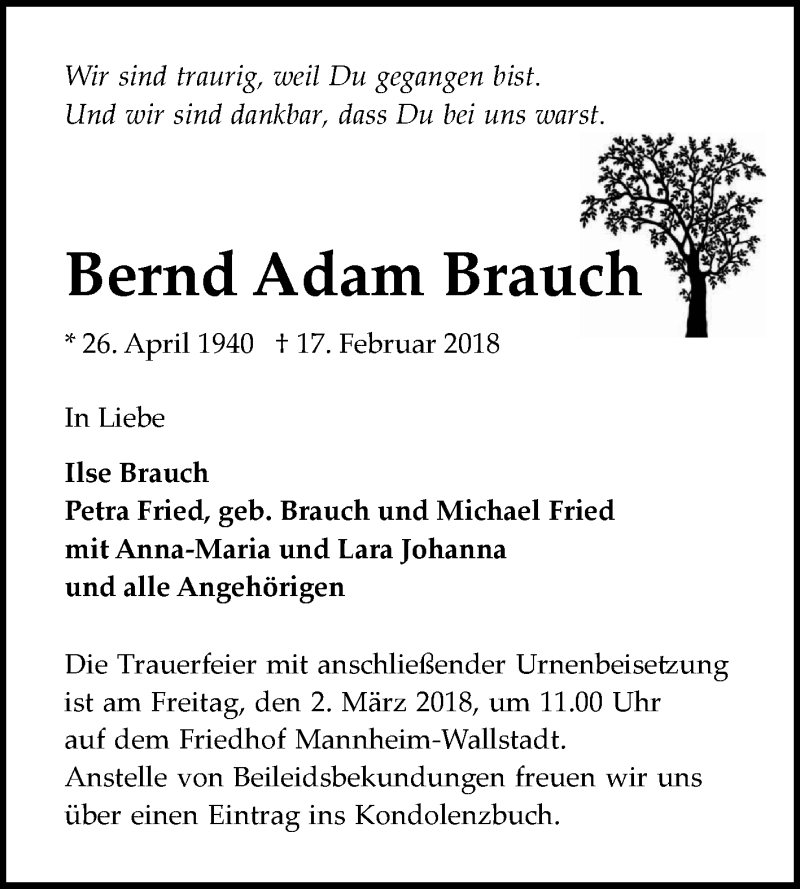  Traueranzeige für Bernd Adam Brauch vom 24.02.2018 aus Mannheimer Morgen