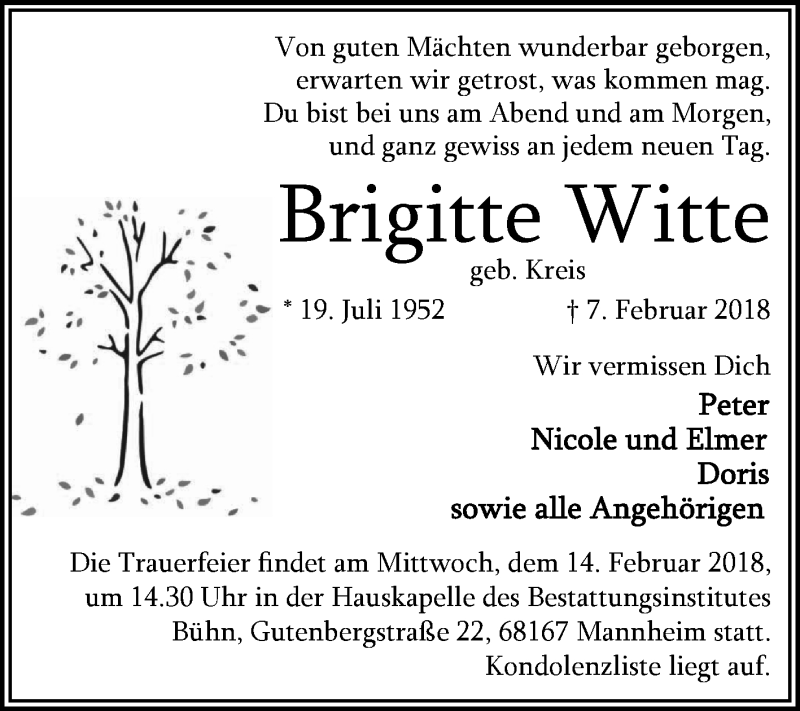  Traueranzeige für Brigitte Witte vom 10.02.2018 aus Mannheimer Morgen