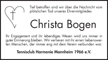 Traueranzeige von Christa Bogen von Mannheimer Morgen