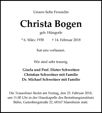 Traueranzeige von Christa Bogen von Mannheimer Morgen