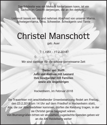 Traueranzeige von Christel Manschott von Schwetzinger Zeitung