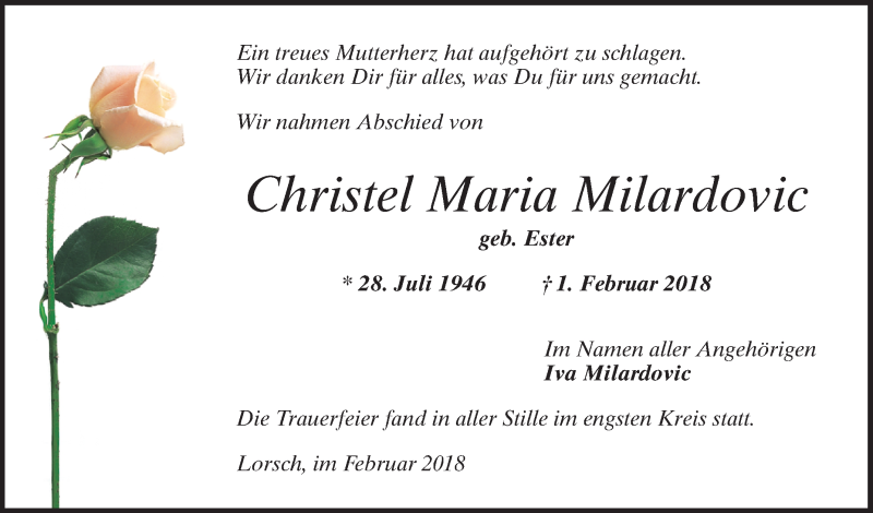  Traueranzeige für Christel Maria Milardovic vom 24.02.2018 aus Bergsträßer Anzeiger