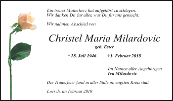 Traueranzeige von Christel Maria Milardovic von Bergsträßer Anzeiger