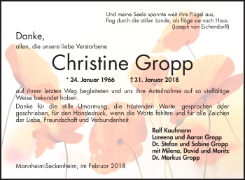 Traueranzeige von Christine Gropp von Mannheimer Morgen