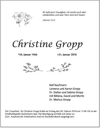 Traueranzeige von Christine Gropp von Mannheimer Morgen / Schwetzinger Zeitung