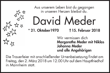 Traueranzeige von David Meder von Mannheimer Morgen
