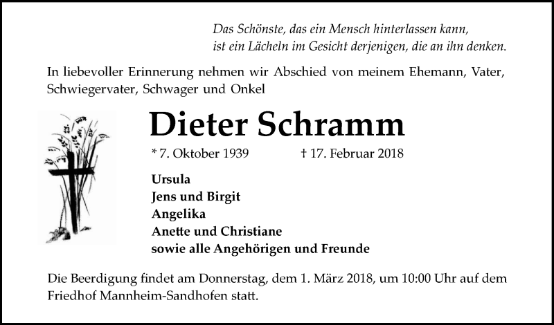  Traueranzeige für Dieter Schramm vom 24.02.2018 aus Mannheimer Morgen