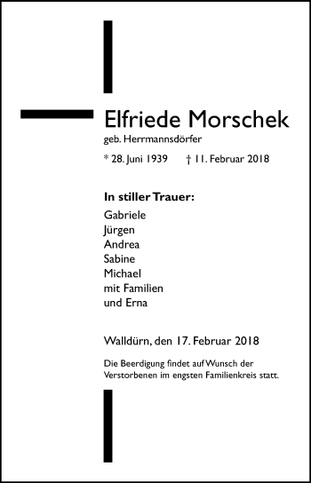 Traueranzeige von Elfriede Morschek von Fränkische Nachrichten