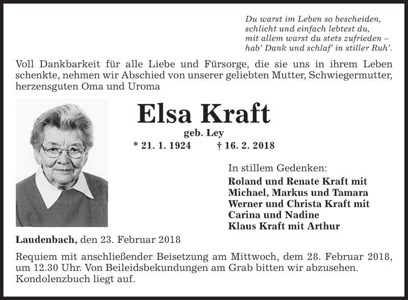  Traueranzeige für Elsa Kraft vom 23.02.2018 aus Fränkische Nachrichten