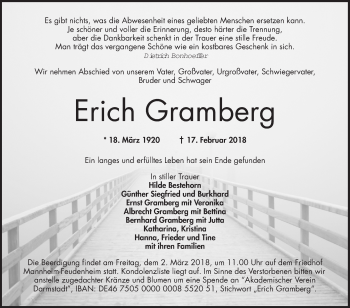Traueranzeige von Erich Gramberg von Mannheimer Morgen