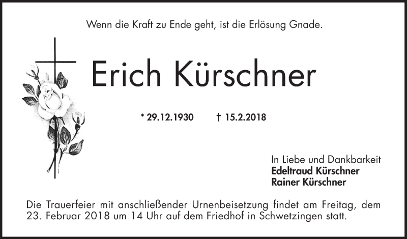  Traueranzeige für Erich Kürschner vom 21.02.2018 aus Schwetzinger Zeitung