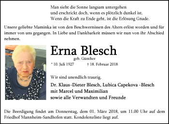 Traueranzeige von Erna Blesch von Mannheimer Morgen