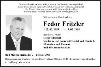Traueranzeige von Fedor Fritzler von Fränkische Nachrichten