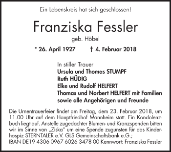 Traueranzeige von Franziska Fessler von Mannheimer Morgen
