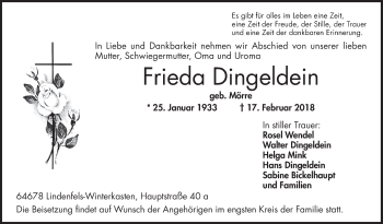 Traueranzeige von Frieda Dingeldein von Bergsträßer Anzeiger