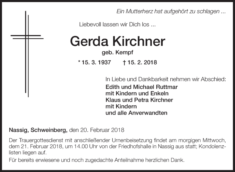  Traueranzeige für Gerda Kirchner vom 20.02.2018 aus Fränkische Nachrichten