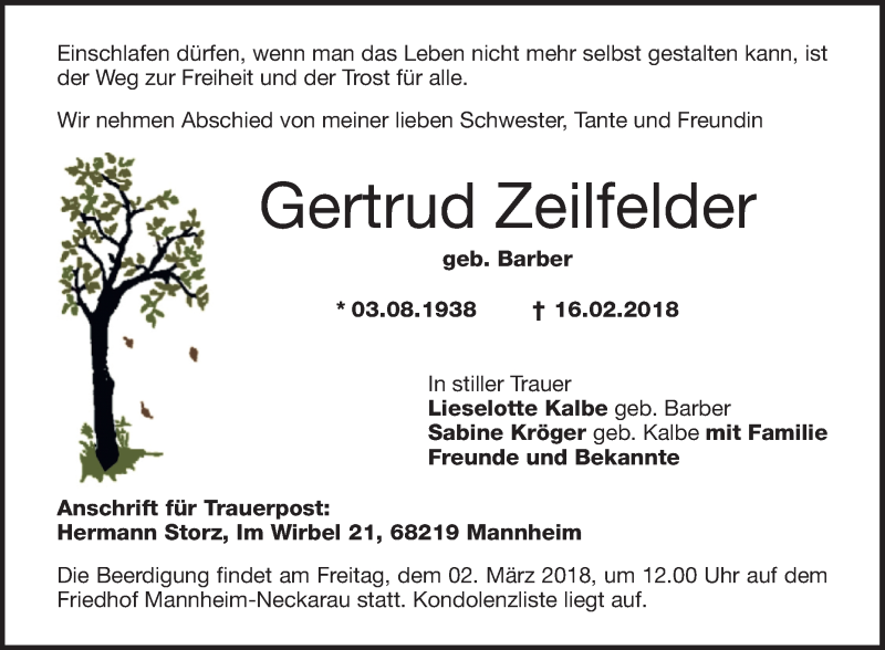  Traueranzeige für Gertrud Zeilfelder vom 24.02.2018 aus Mannheimer Morgen