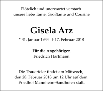 Traueranzeige von Gisela Arz von Mannheimer Morgen