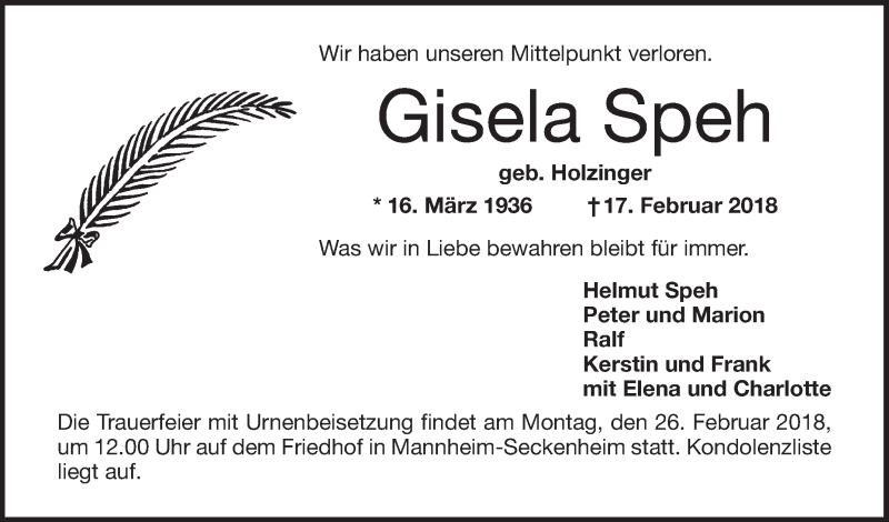  Traueranzeige für Gisela Speh vom 22.02.2018 aus Mannheimer Morgen