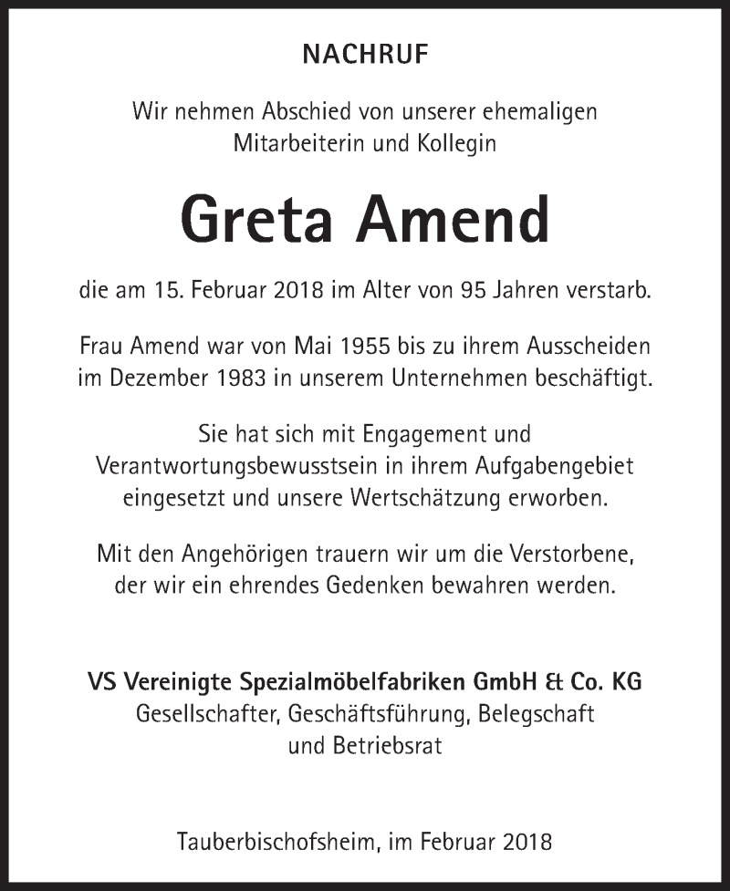  Traueranzeige für Greta Amend vom 21.02.2018 aus Fränkische Nachrichten