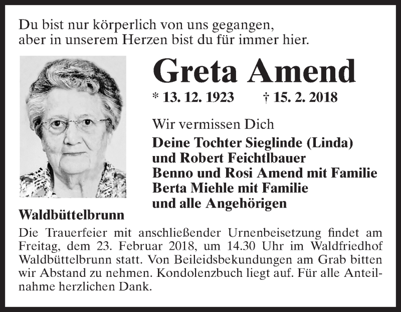  Traueranzeige für Greta Amend vom 21.02.2018 aus Fränkische Nachrichten