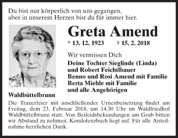 Traueranzeige von Greta Amend von Fränkische Nachrichten