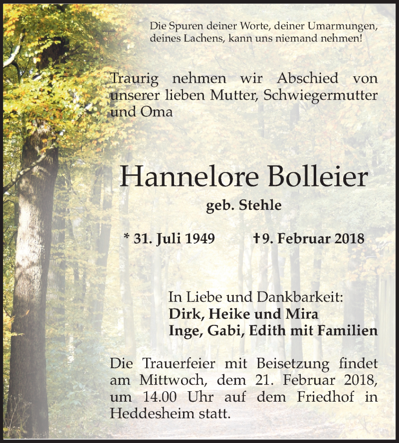  Traueranzeige für Hannelore Bolleier vom 17.02.2018 aus Mannheimer Morgen