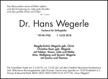Traueranzeige von Hans Wegerle von Mannheimer Morgen