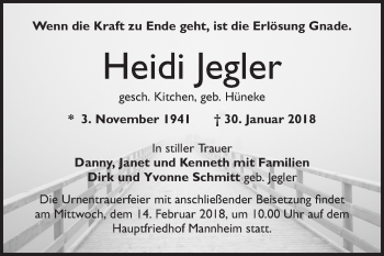 Traueranzeige von Heidi Jegler von Mannheimer Morgen / Schwetzinger Zeitung