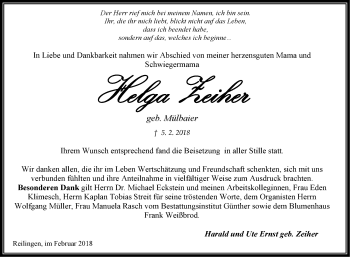 Traueranzeige von Helga Zeiher von Schwetzinger Zeitung