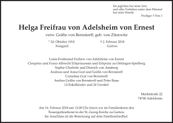 Traueranzeige von Helga Freifrau von Adelsheim von Ernest von Fränkische Nachrichten