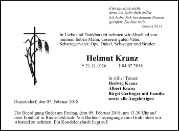 Traueranzeige von Helmut Kranz von Fränkische Nachrichten