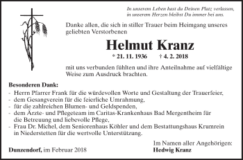 Traueranzeige von Helmut Kranz von Fränkische Nachrichten
