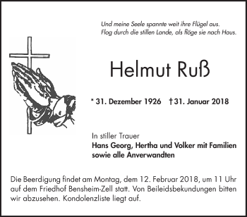 Traueranzeige von Helmut Ruß von Bergsträßer Anzeiger