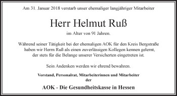 Traueranzeige von Helmut Ruß von Bergsträßer Anzeiger