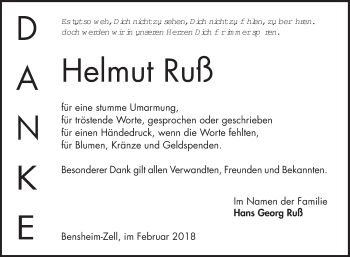 Traueranzeige von Helmut Ruß von Bergsträßer Anzeiger