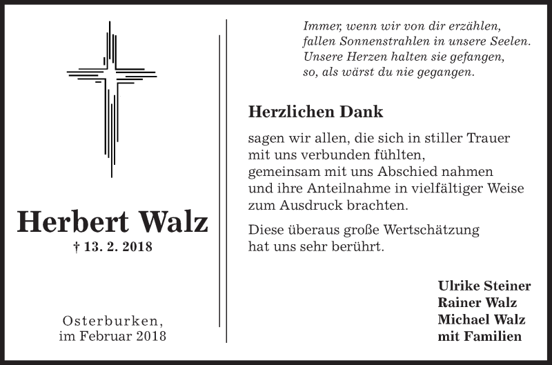  Traueranzeige für Herbert Walz vom 24.02.2018 aus Fränkische Nachrichten