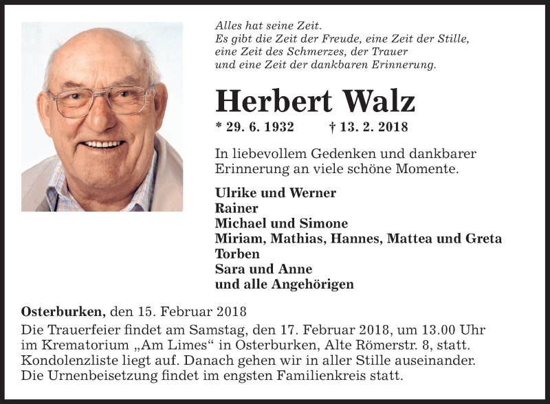  Traueranzeige für Herbert Walz vom 15.02.2018 aus Fränkische Nachrichten