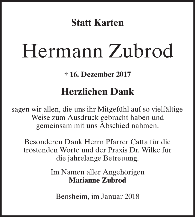  Traueranzeige für Hermann Zubrod vom 20.01.2018 aus Bergsträßer Anzeiger
