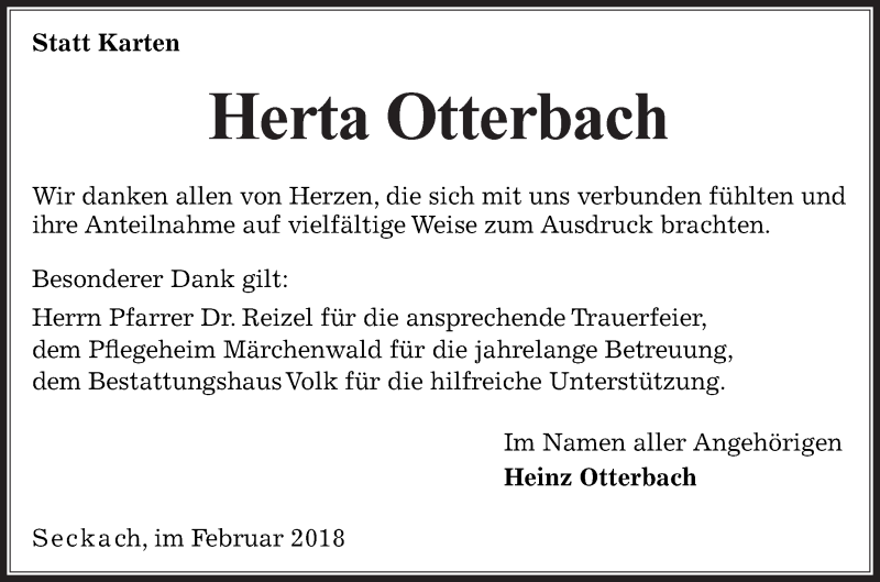  Traueranzeige für Herta Otterbach vom 17.02.2018 aus Fränkische Nachrichten